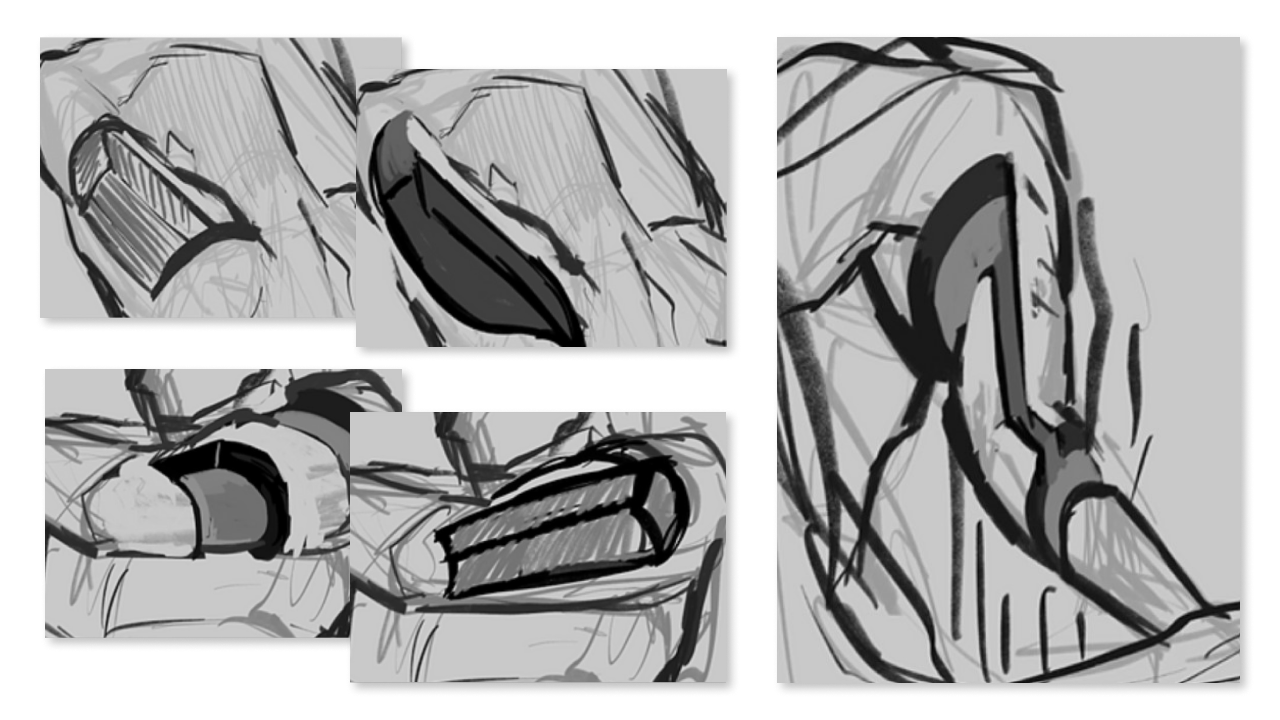 Collage of five loose grayscale sketches of a cross section of the arm