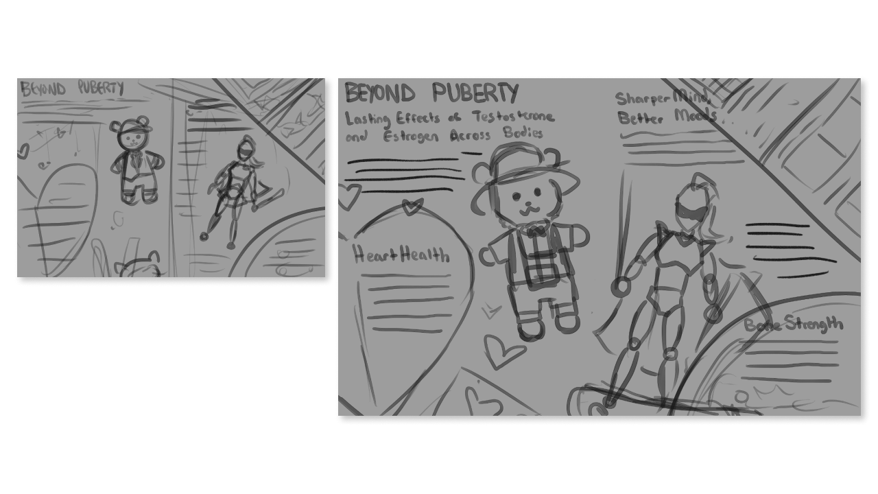 Two loose sketches of plush and superhero toys surrounded by paper notes on all sides