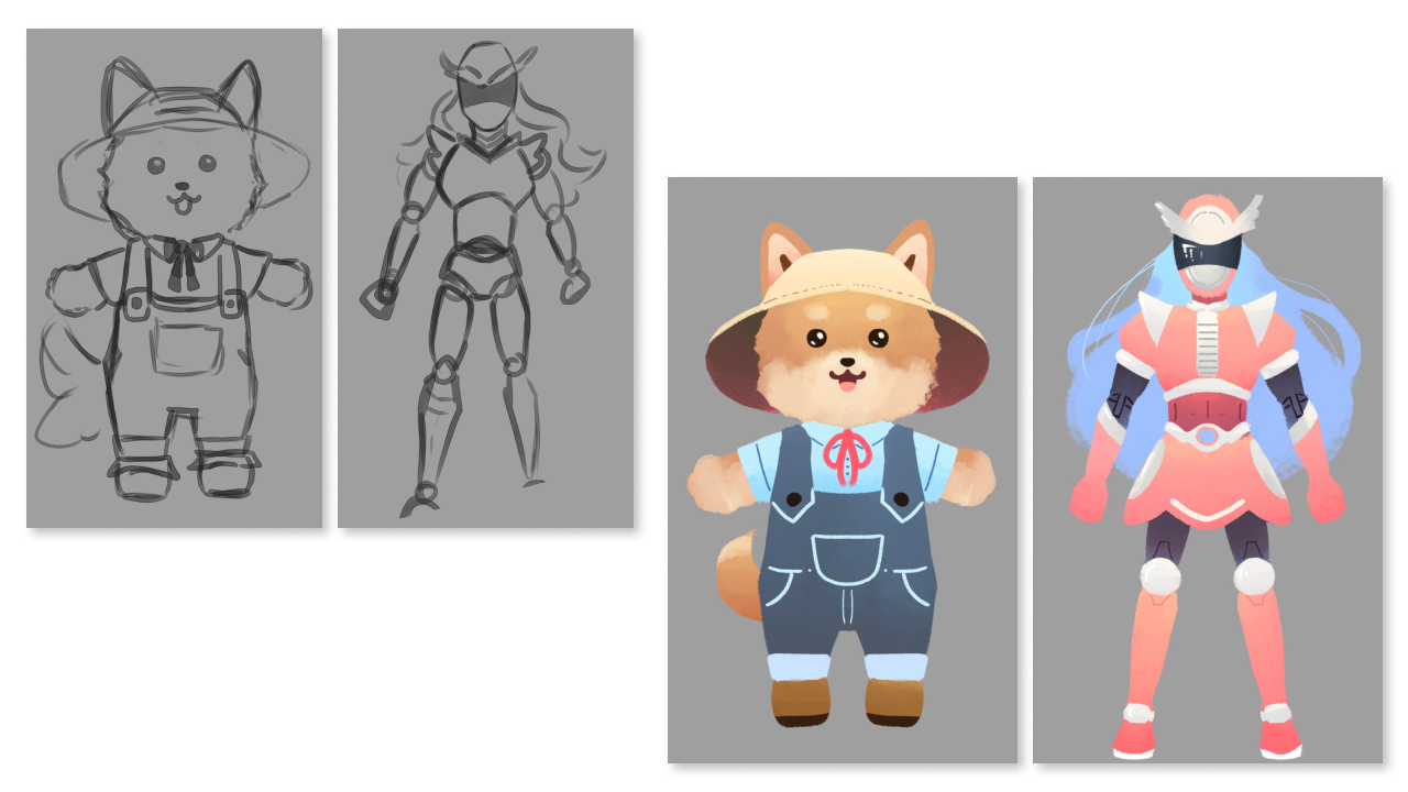 Sketches and flat-colored illustrations of plush dog in overalls and super hero toy with long hair